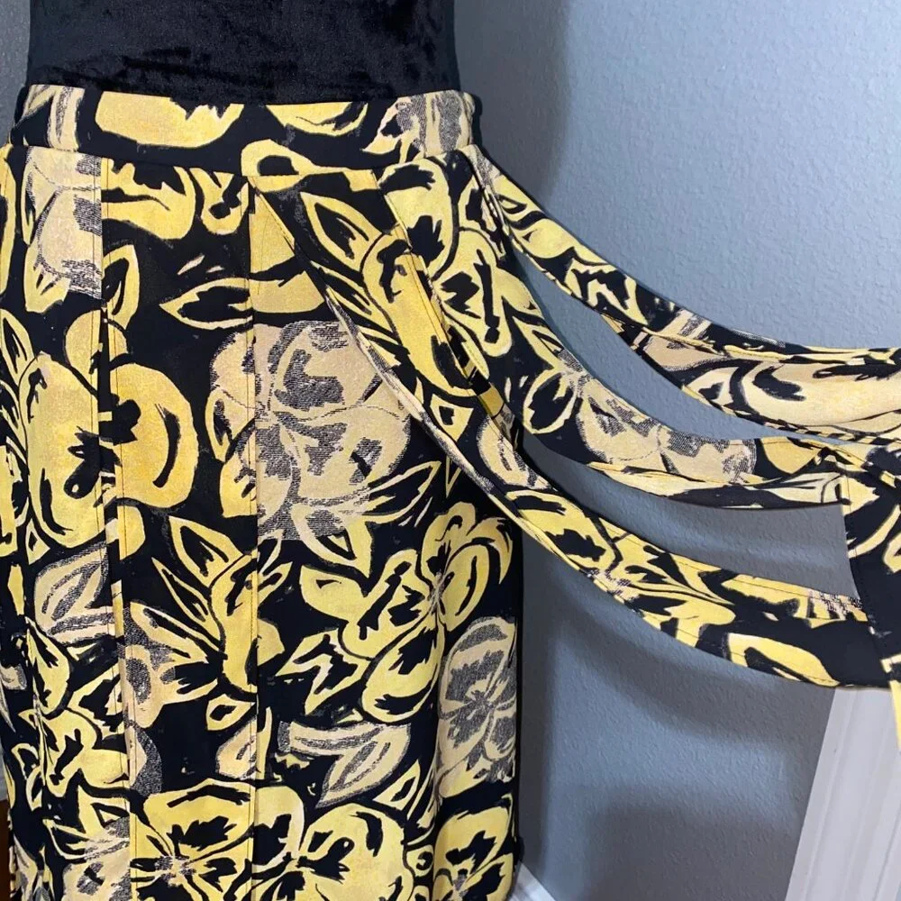 Who What Wear Womens Size 8 Yellow Black Floral Midi Skirt Tie Belt High Waist - Picture 2 of 8